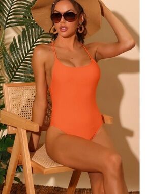 Zesica NWOT M Orange RIBBED strappy back  One-Piece Swimsuit